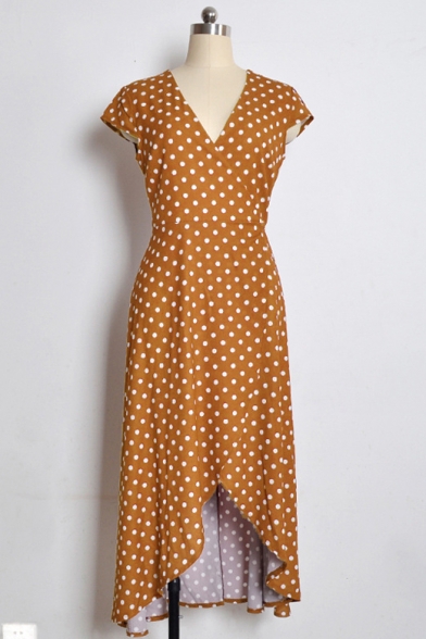 Short Sleeve V Neck Polka Dot Split Front Asymmetric Retro Maxi Dress