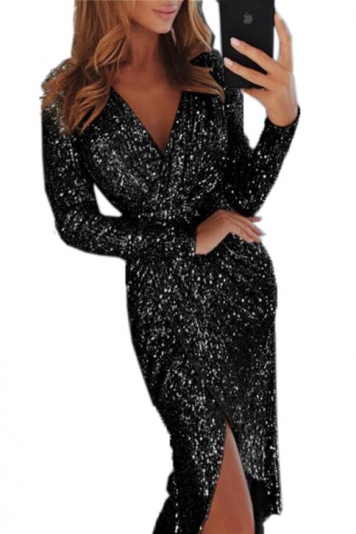 Ladies' Trendy V-Neck Long Sleeve Sequined Detail Midi Sheath Wrap Dress for Party