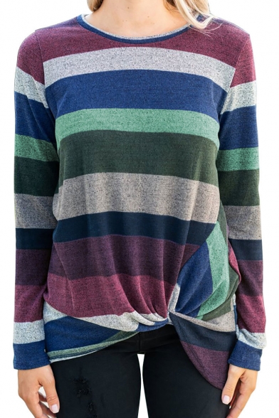 Leisure Cozy Long Sleeve Round Neck Stripes Knot Front Asymmetrical Tee