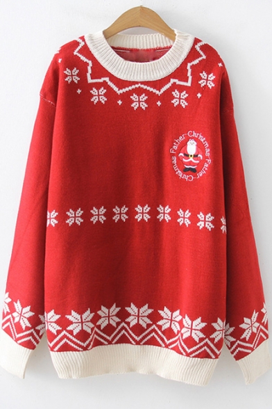 

Leisure Long Sleeve Round Neck Santa Claus Printed Oversize Sweater, Red;beige