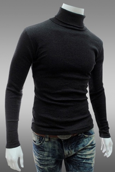 Men's Slim Fitted Basic High Neck Long Sleeve Solid T-Shirt
