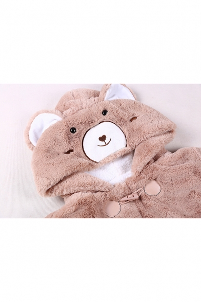 New Arrival Long Sleeve Toggle Cute Cartoon Bear Hooded Longline Light Coffee Faux Fur Coat
