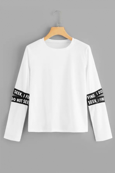 New Fashion Unique Letter Webbing Cutout Long Sleeve Round Neck White T-Shirt