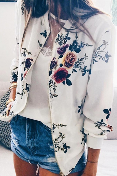 New Trendy Floral Pattern Long Sleeve Stand Collar Zip Up Jacket