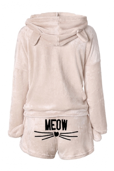 New Trendy Lovely Cartoon Cat Letter MEOW Printed Back Ear Hoodie Shorts Pajama Set for Women