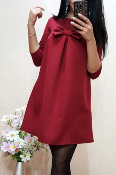 Popular Burgundy Plain Bow Embellished Round Neck Half Sleeve Mini Dress