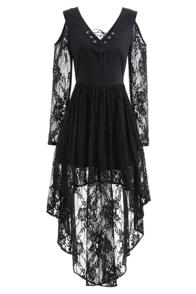 Retro Black V-Neck Cold Shoulder Long Sleeve Chic Lace-Panneled A-Line Asymmetrical Dress