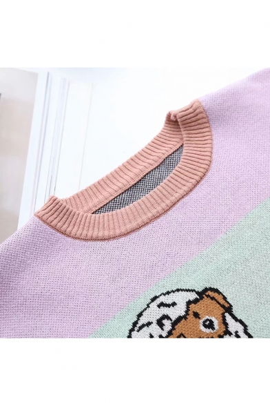 Round Neck Long Sleeve Cartoon Printed Loose Pink Sweater