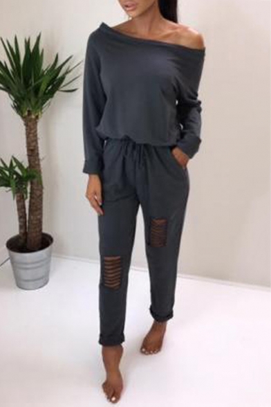 Sexy One Shoulder Long Sleeve Drawstring Waist Rolled Cuff Cutout Detail Plain Casual Jumpsuits