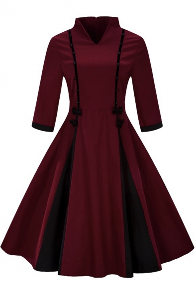 Stand Collar Three-Quarter Sleeve Beaded Embellished Two-Tone Colorblock Midi Fit and Flared Dress