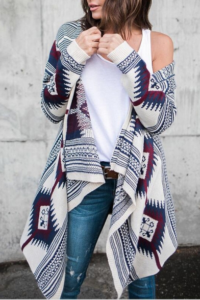 Street Style Long Sleeve Open Front Waterfall Collar Tribal Printed Longline White Coat