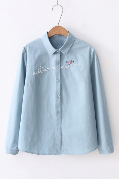 Trendy Letter Floral Embroidered Lapel Collar Long Sleeve Loose Casual Button Down Shirt