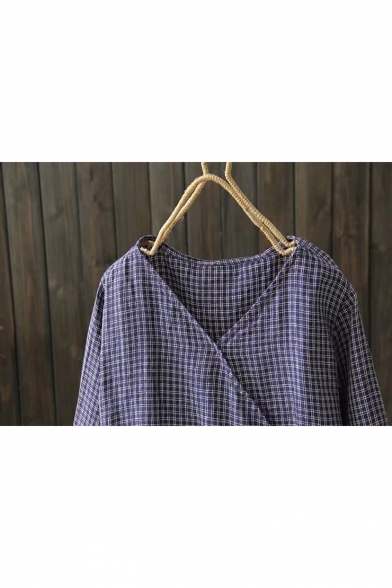 V-Neck Long Sleeve Trendy Plaid Pattern Linen Loose Casual Blouse