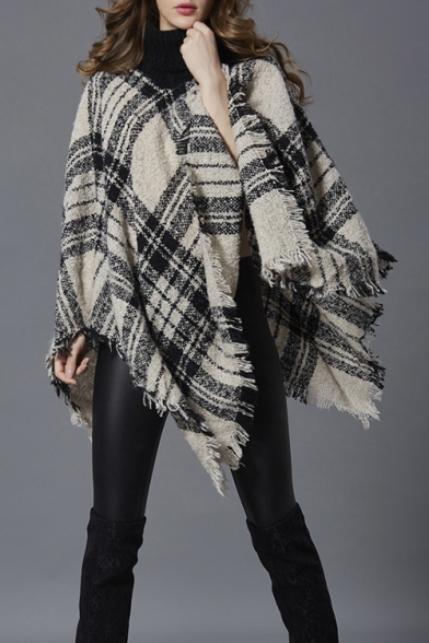 Winter's Check Pattern Fashion Tassel Hem Warm Pullover Poncho Sweater