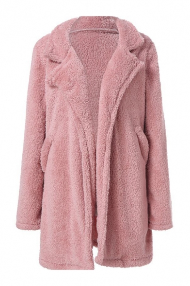 Winter's New Trendy Chic Long Sleeve Faux Fur Plain Tunics Notched Lapel Collar Coat