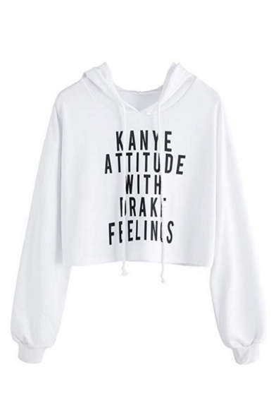 Women's Long Sleeve Letter KANYE ATTITUDE WITH DRAKE FEELINGS Printed Loose Cropped Hoodie