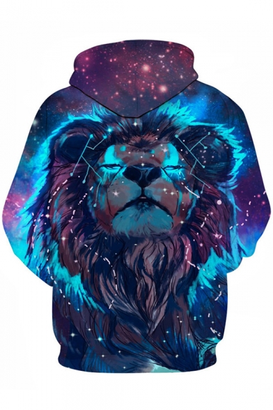 3D Digital Long Sleeve Lion Galaxy Printed Loose Blue Unisex Hoodie