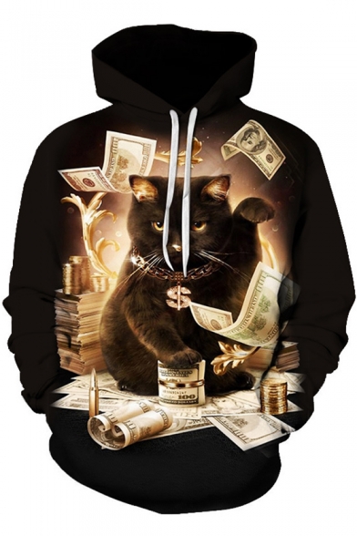 Black Money Dollar Animal Cat Printed Long Sleeve Loose Hoodie