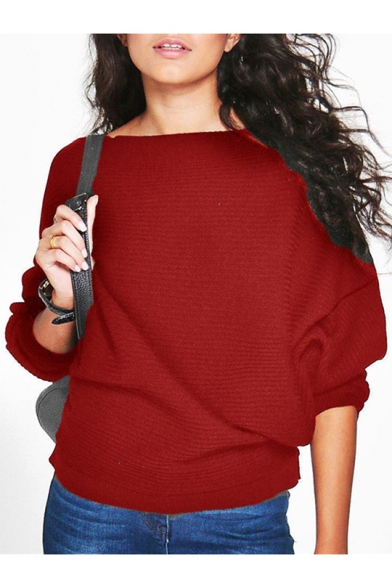 Boatneck Batwing Long Sleeve Simple Solid Casual Loose Pullover Sweater