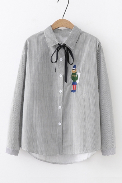 

Cartoon Character Embroidered Long Sleeve Bow-Tied Collar Button Down Striped Shirt, Black;blue;red;white