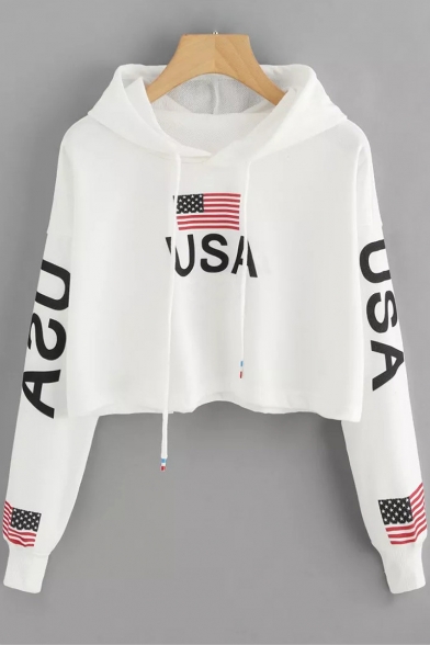 Chic Drawstring Hood Long Sleeve USA Flag Print Relaxed Cropped Hoodie for Girls