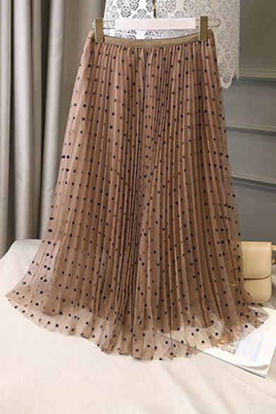 Classic Polka Dot Printed Elastic Waist Maxi A-Line Pleated Mesh Skirt with Liner