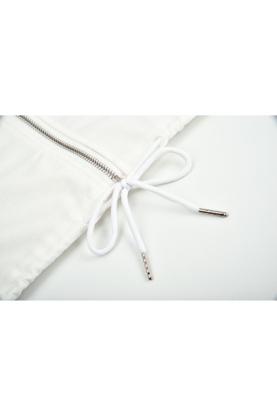 Colorblock Long Sleeve Drawstring Hem Zipper Placket Hooded White Cropped Coat