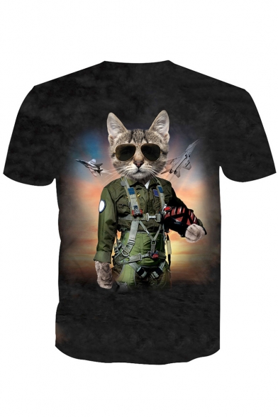 Cool 3D Cartoon Cat Pattern Round Neck Short Sleeve Black Fitted T-Shirt