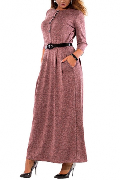 Elegant Long Sleeve Round Neck Button Front Plain Maxi A-Line Dress with Belt