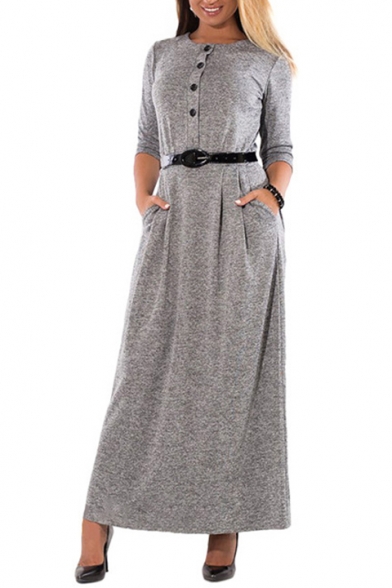 Elegant Long Sleeve Round Neck Button Front Plain Maxi A-Line Dress with Belt