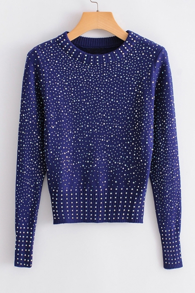 Fashion Long Sleeve Round Neck Drill Embellished Fitted Sweater