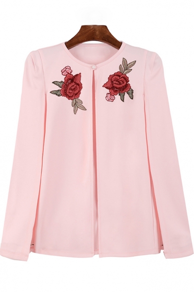 Fashionable Floral Embroidered Pearl Button Round Neck Cape Coat for Women