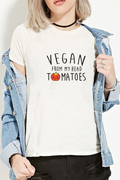 Funny Letter VEGAN FROM MY HEAD TOMATOES Printed Round Neck Short Sleeve Cotton T-Shirt