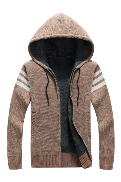 Hot Dark Green Striped Pattern Zip Front Hooded Knitted Jacket with Fleece Lining