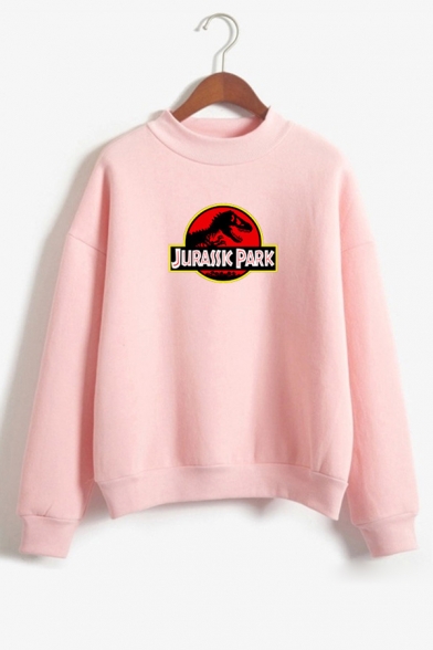 Letter JURASSIC PARK Dinosaur Printed Long Sleeve Mock Neck Sweatshirt
