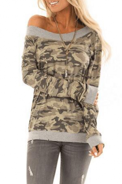 Long Sleeve Off The Shoulder Camouflage Printed Gray Casual Loose Tee