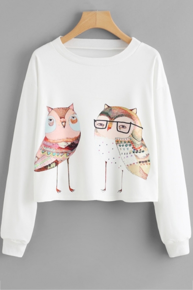 Lovely Cartoon Eyeglasses Bird Printed Round Neck Long Sleeve White Sweatshirt