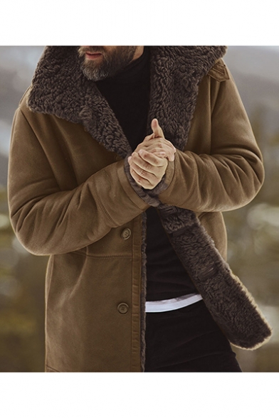Men's Winter Warm Thick Shearling Inside Lapel Collar Long Sleeve Button Down Coat