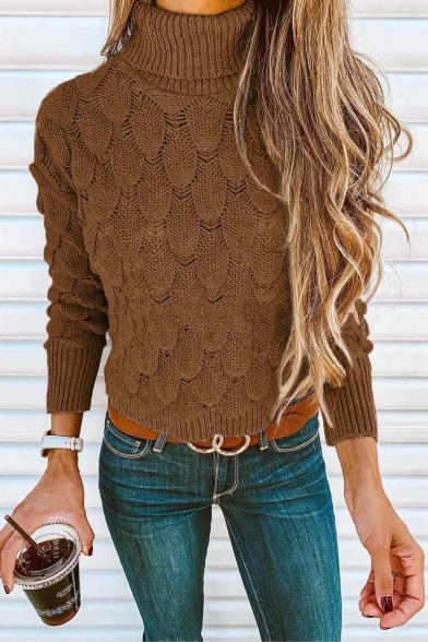 New Stylish Fish Scale Knitted Turtleneck Long Sleeve Solid Slim Sweater