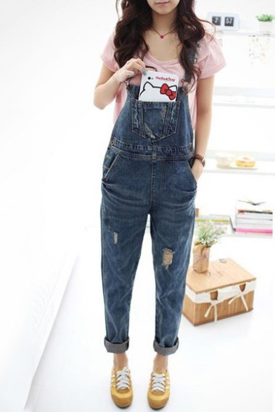 New Stylish Ripped Detail Rolled Cuff Dark Blue Loose Fitted Overall Jeans