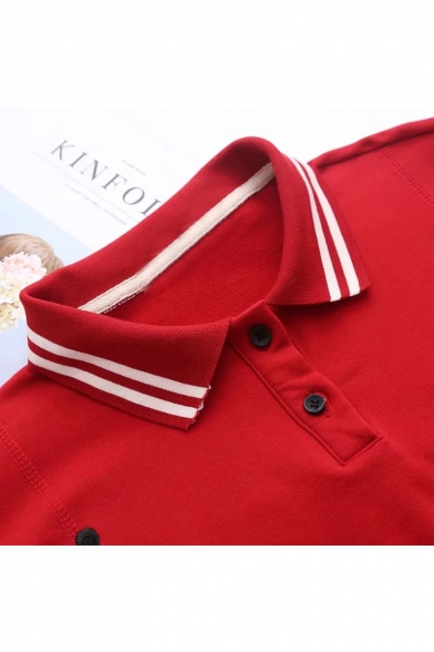 Novelty Long Sleeve Lapel Collar Button Front Cartoon Dog Embroidered Loose Red Sweatshirt with Pockets