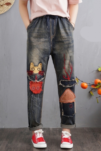Retro Cartoon Patched Embroidered Elastic Drawstring Waist Blue Jeans for Girls
