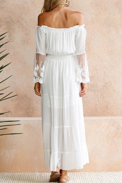 Sexy Hot Fashion Off The Shoulder Long Sleeve Plain Lace Patched A-Line Maxi White Dress