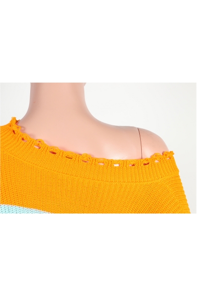 Stylish Colorblock V Neck Long Sleeve Asymmetrical Frayed Hem Cropped Sweater