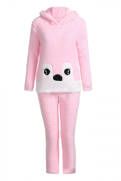 Stylish Long Sleeve Cartoon Printed Hoodie Pink Pajamas Co-ords