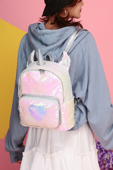 Unicorn Pattern Zippered Sequined Reflective Sweetheart Backpack Bag for Ladies