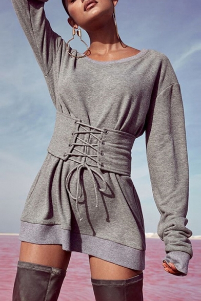 

Unique Gray Round Neck Long Sleeve Lace-Up Waistband Solid Tunic Sweatshirt