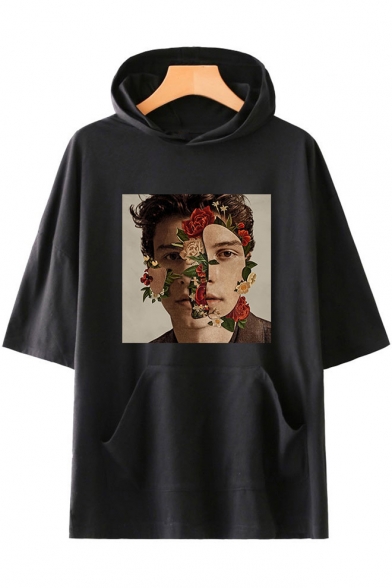 Unique Short Sleeve Rose Character Printed Loose Unisex Hooded T-Shirt
