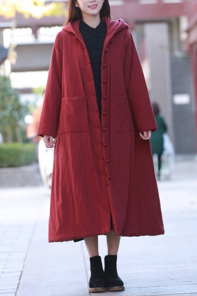 Vintage Loose Casual Hooded Long Sleeve Button Down Witch Solid Longline Cotton Padded Overcoat