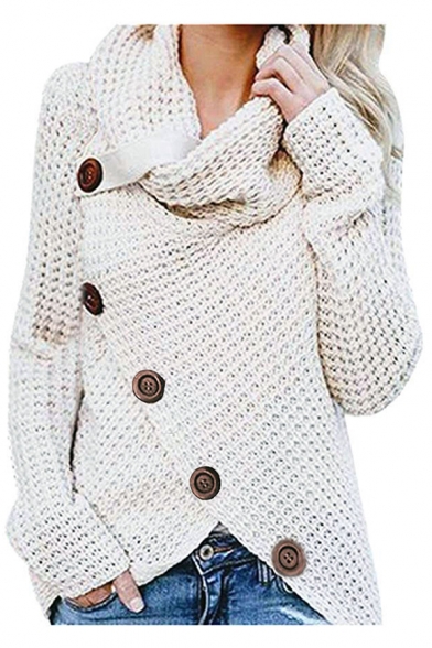 Warm Long Sleeve Cowl Neck Plain Button Embellished Asymmetrical Hem Loose Sweater